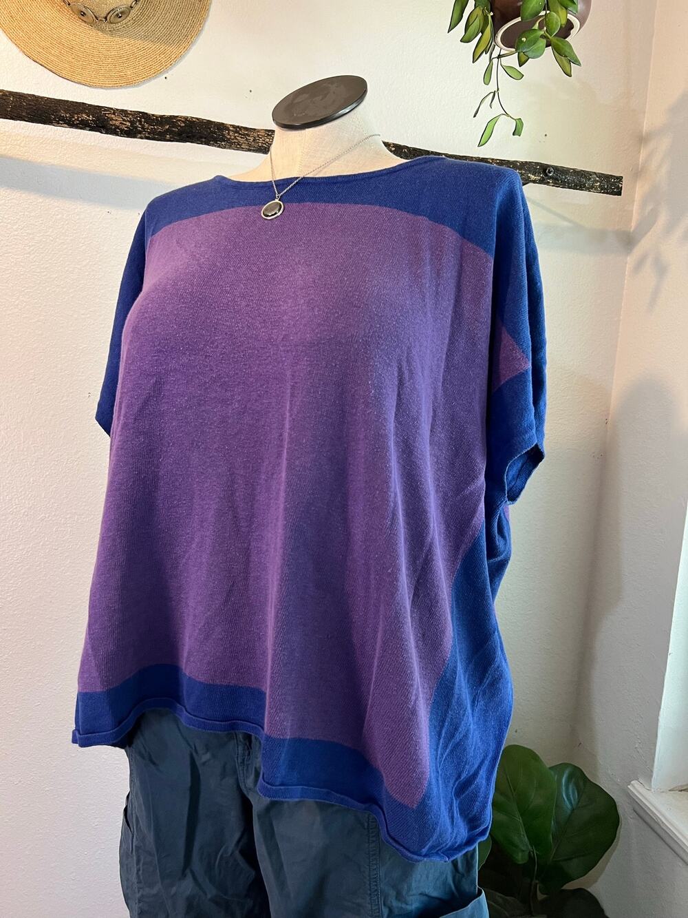 Coldwater Creek Linen Cotton Purple Blue Knit Poncho Top Size L/XL